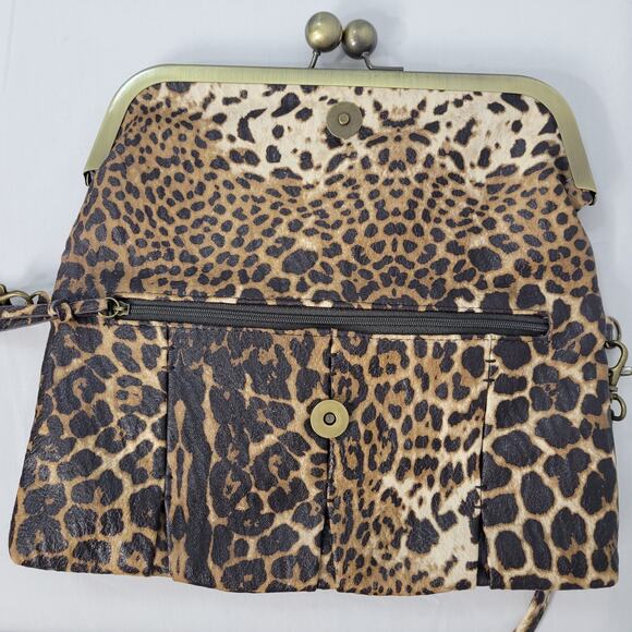 Jessica Simpson leopard print kiss lock fold over crossbody clutch brown Y2K - Picture 5 of 10